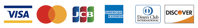 使用可能なクレジットカードのロゴの一覧。ビザ・マスターカード・JCB・アメックス・ダイナースクラブ・ディスカバー